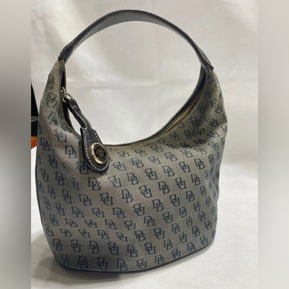 Dooney & Bourke Handbags - Dooney & Bourke Gray Signature Print Mini Hobo Bag w/Black Pebbled Leather Trim